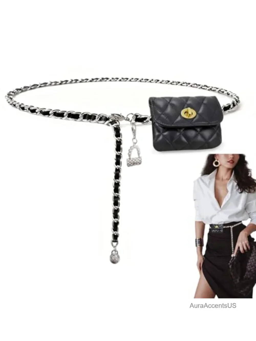 Women's Metal & PU Leather Braided Waist Chain Belt with Detachable Mini Pouch